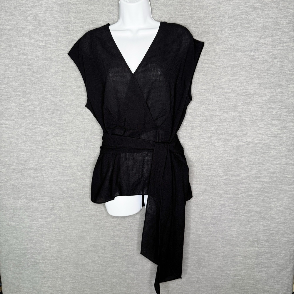 St. John Top Black V-Neck Sleeveless Shirt Size Medium Tie Waist Front Career